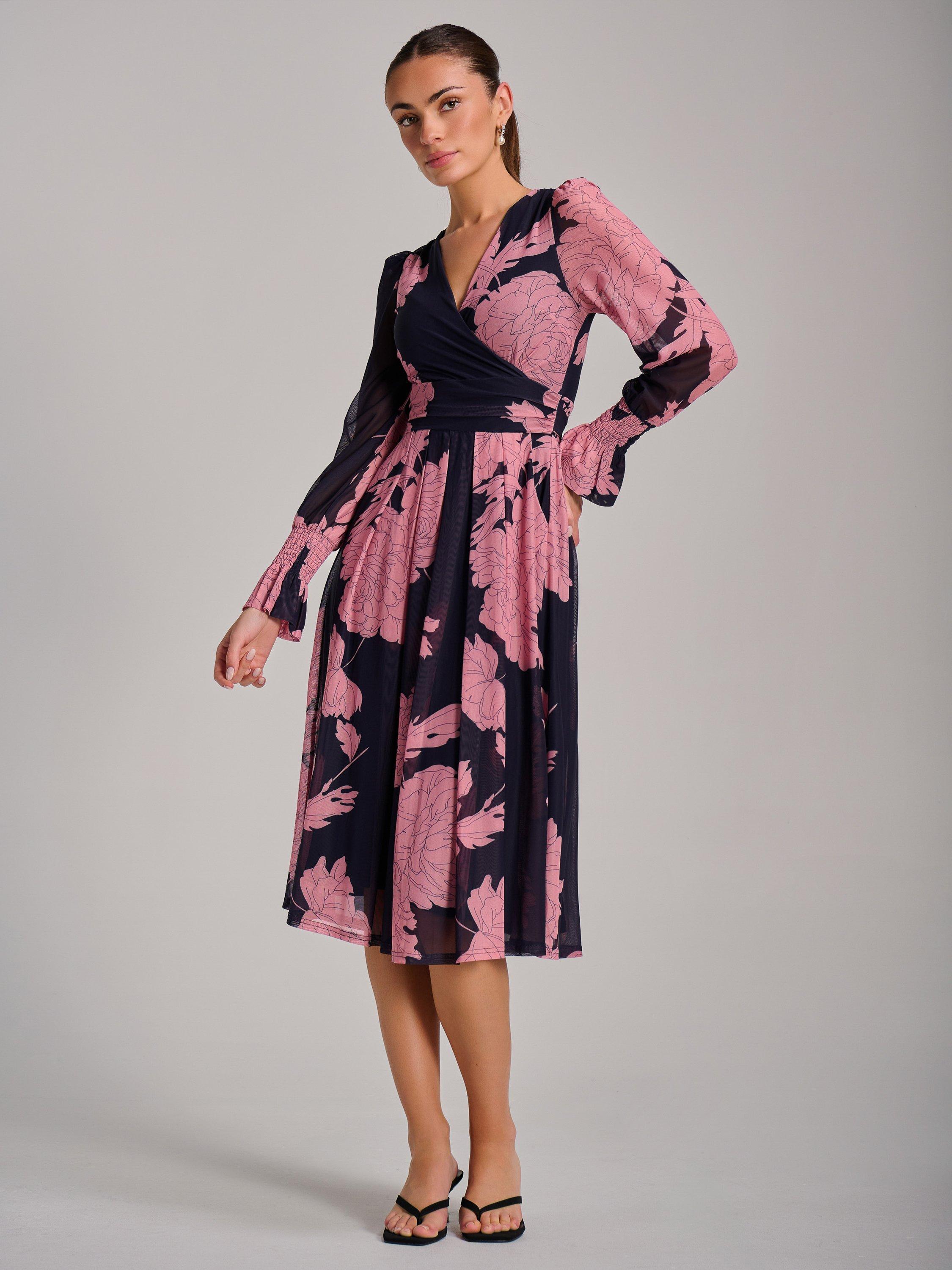Product image 5 of 7, which shows Jolie Moi Printed Mesh Midi Dress, Pink/Navy, 8