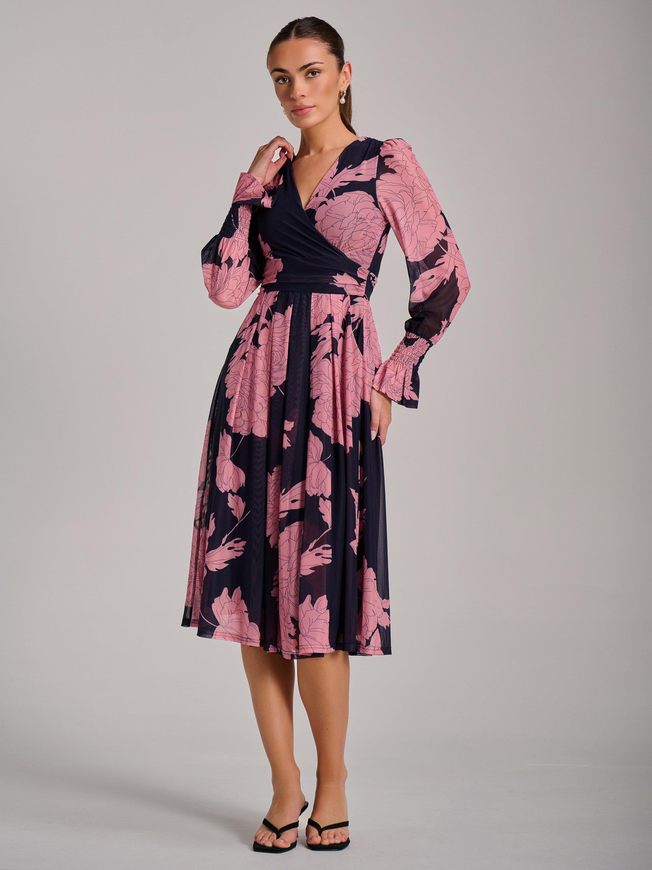 Product image 6 of 7, which shows Jolie Moi Printed Mesh Midi Dress, Pink/Navy, 8