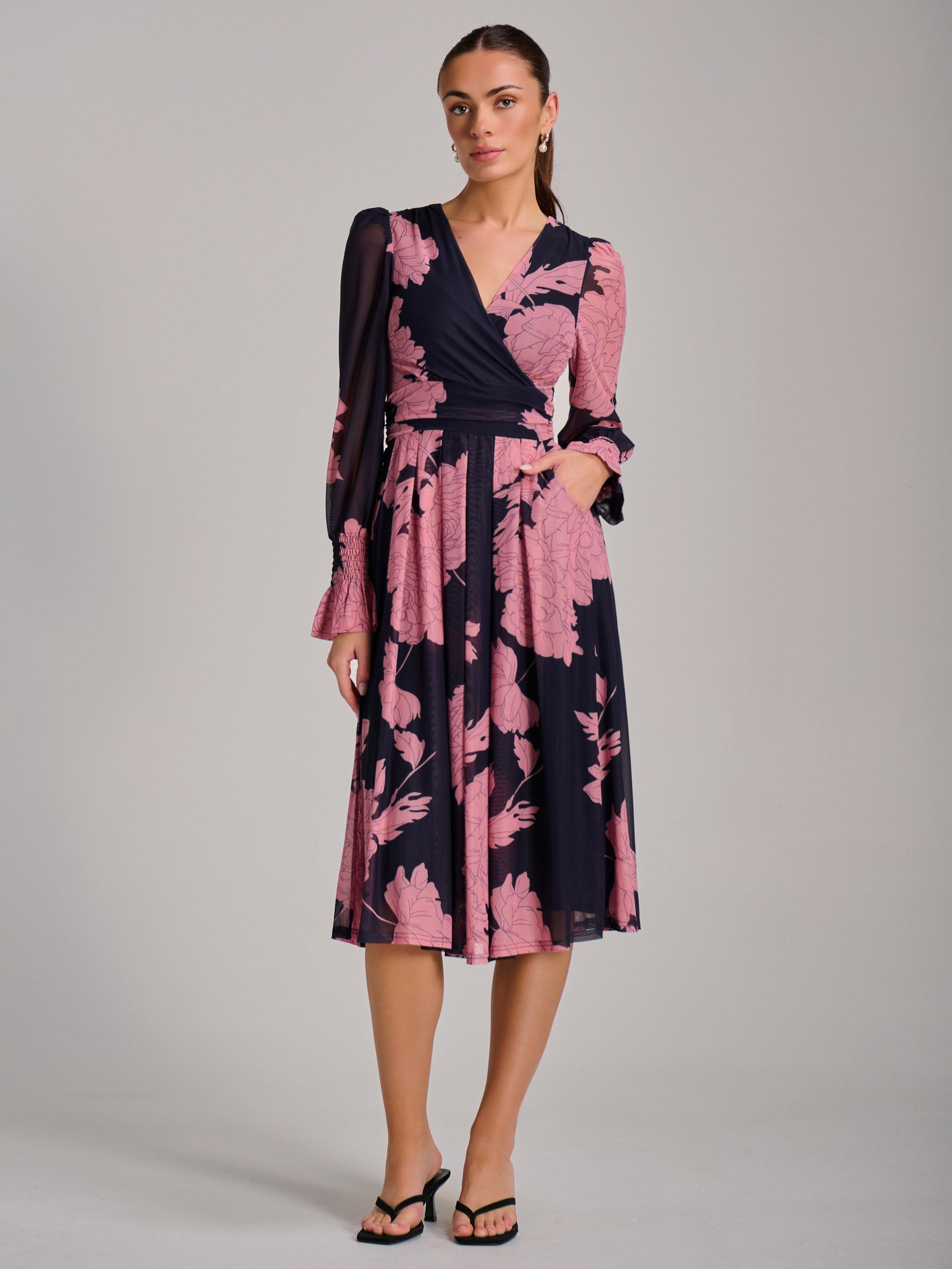 Product image 7 of 7, which shows Jolie Moi Printed Mesh Midi Dress, Pink/Navy, 8