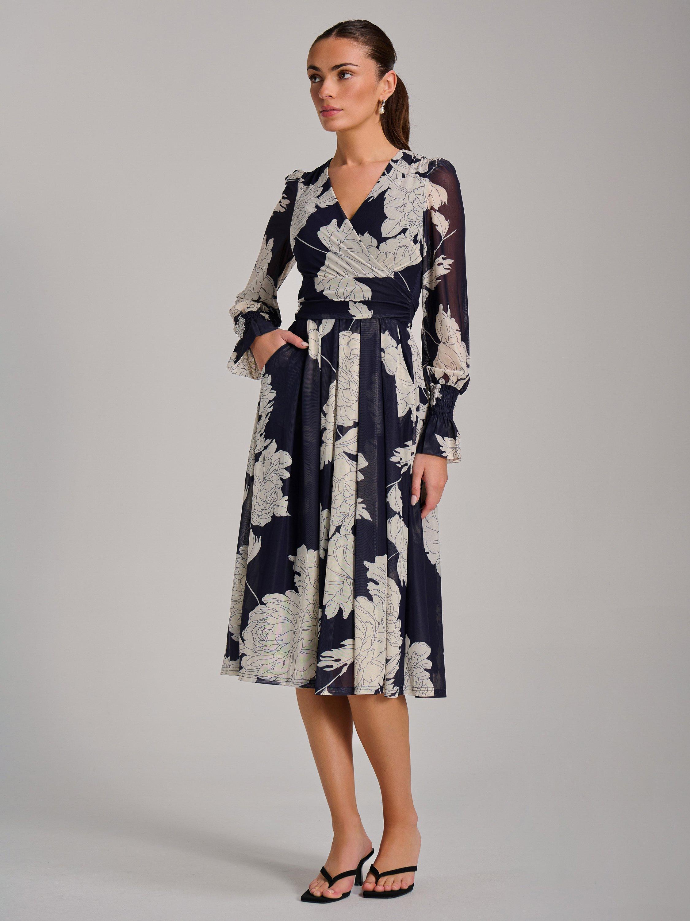 Product image 1 of 7, which shows Jolie Moi Printed Mesh Midi Dress, Navy, 8