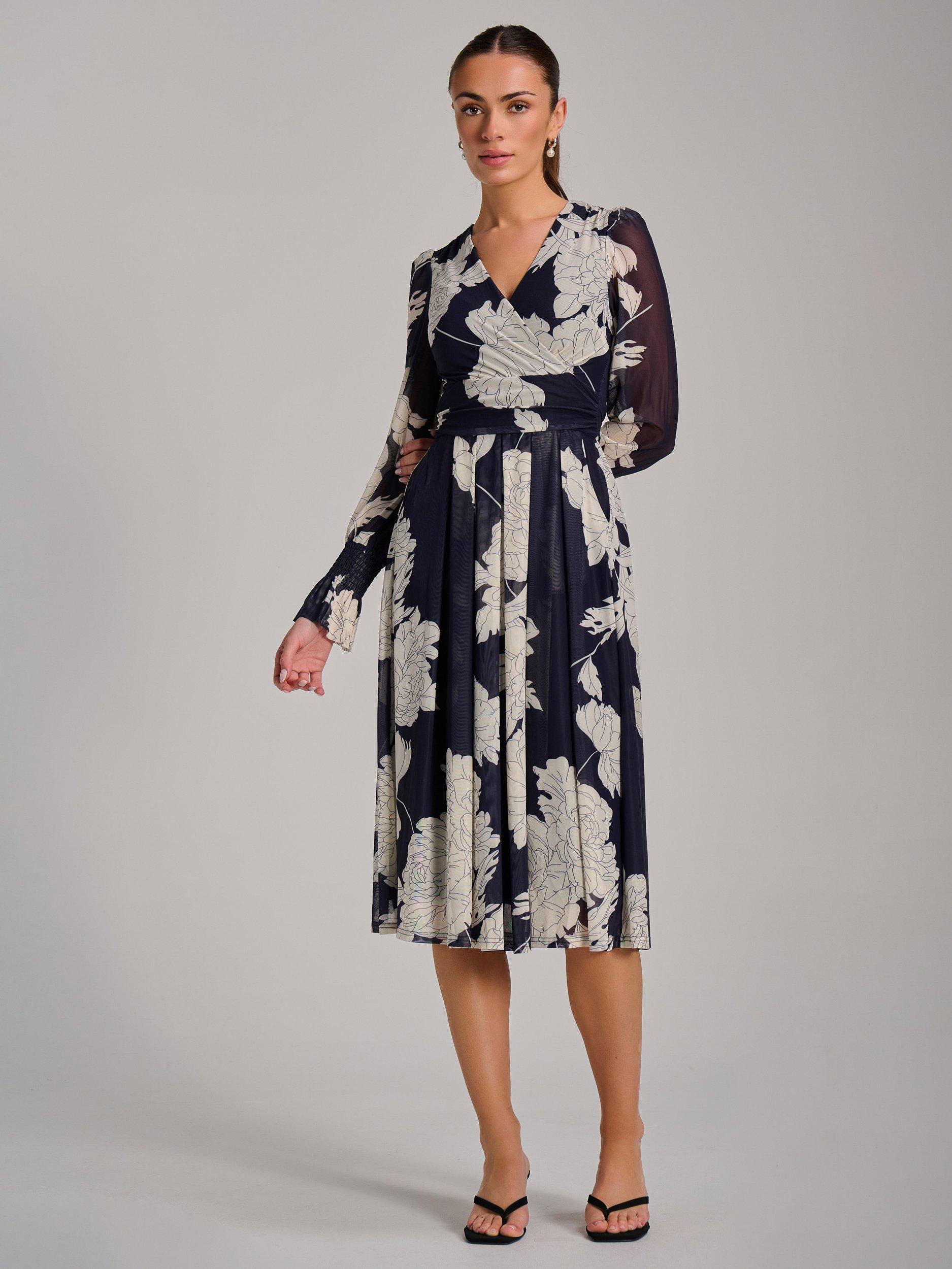 Product image 3 of 7, which shows Jolie Moi Printed Mesh Midi Dress, Navy, 8