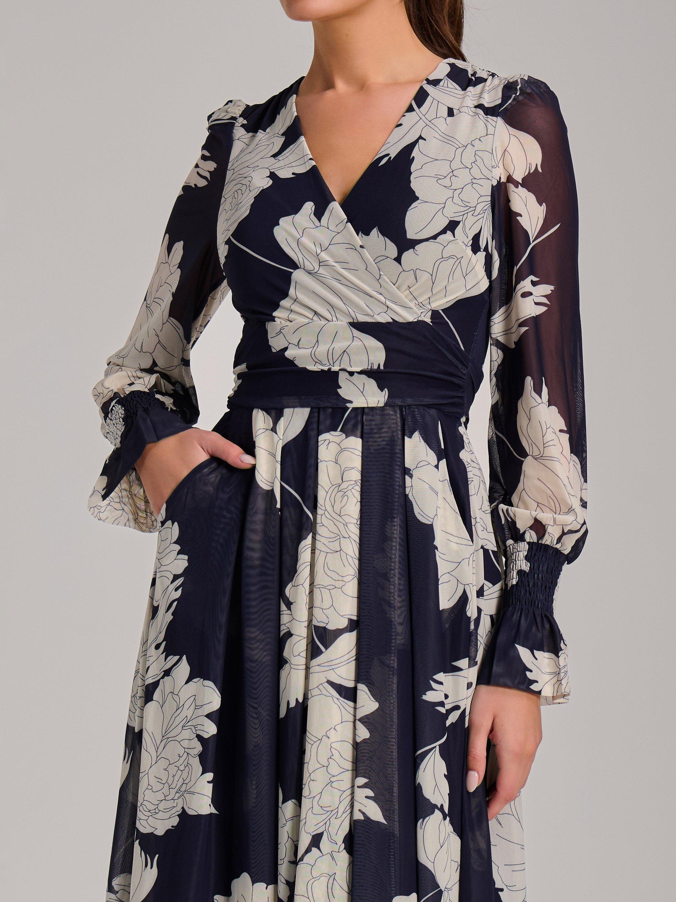 Product image 4 of 7, which shows Jolie Moi Printed Mesh Midi Dress, Navy, 8