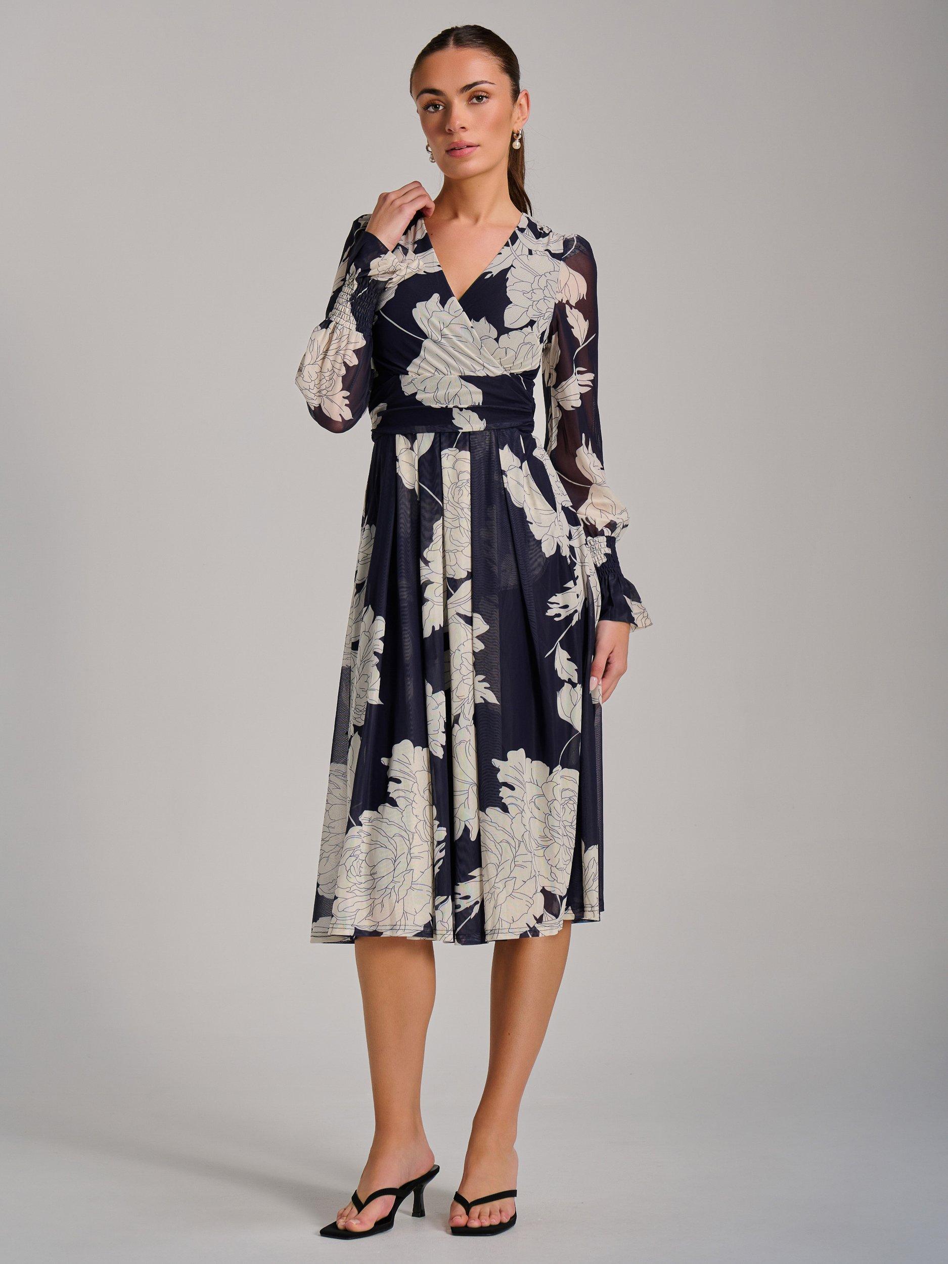 Product image 5 of 7, which shows Jolie Moi Printed Mesh Midi Dress, Navy, 8