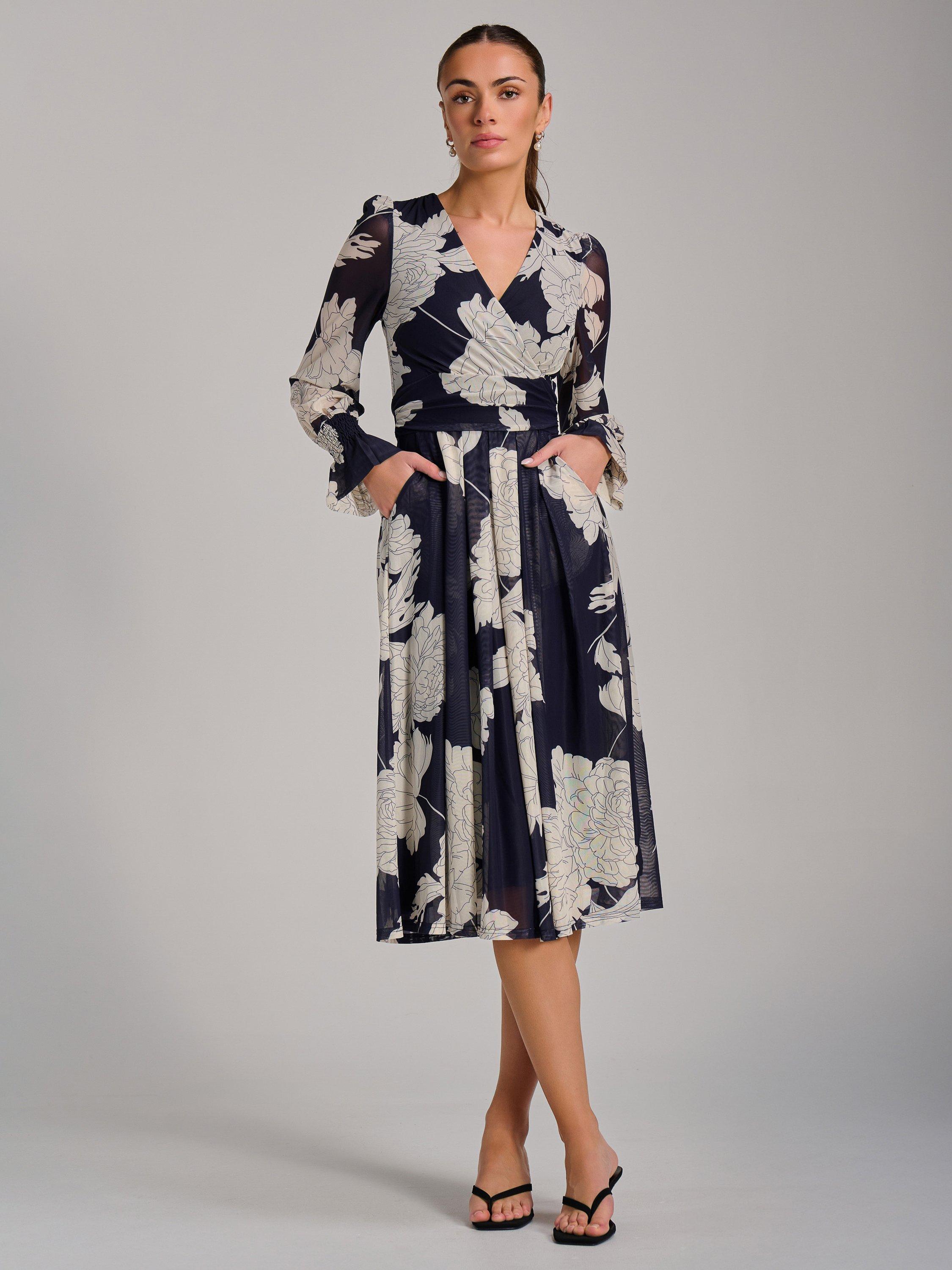 Product image 6 of 7, which shows Jolie Moi Printed Mesh Midi Dress, Navy, 8