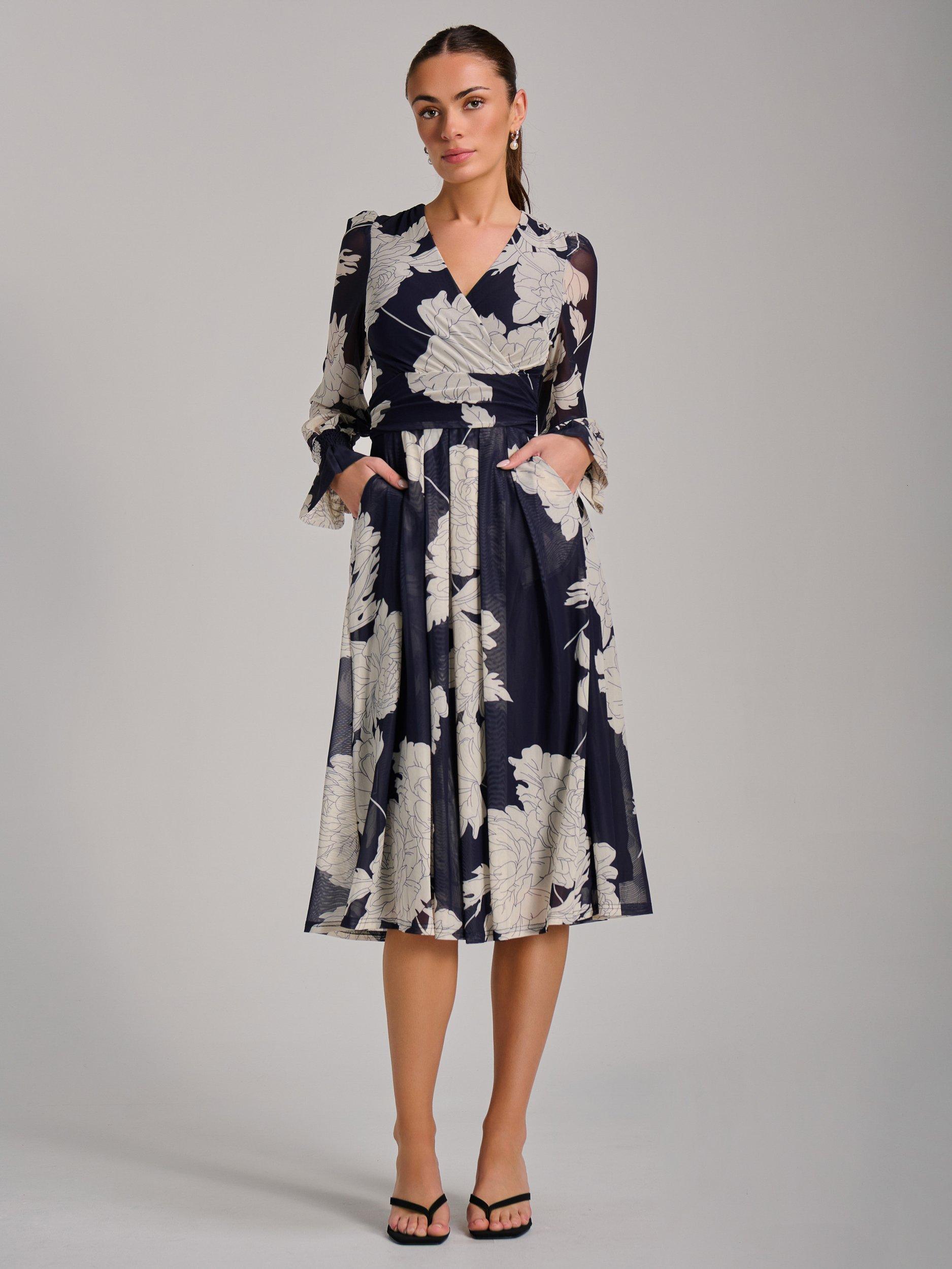 Product image 7 of 7, which shows Jolie Moi Printed Mesh Midi Dress, Navy, 8