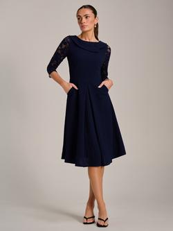 Jolie Moi Roll Neck Lace Flare Dress, Navy, Navy