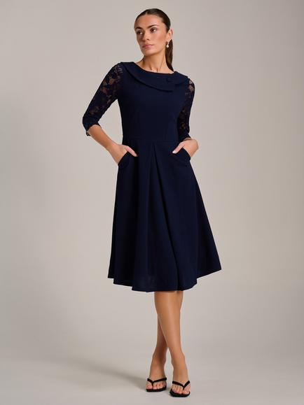 Jolie Moi Roll Neck Lace Flare Dress, Navy, Navy
