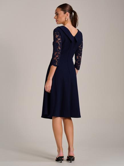 Jolie Moi Roll Neck Lace Flare Dress, Navy - view 2, Navy