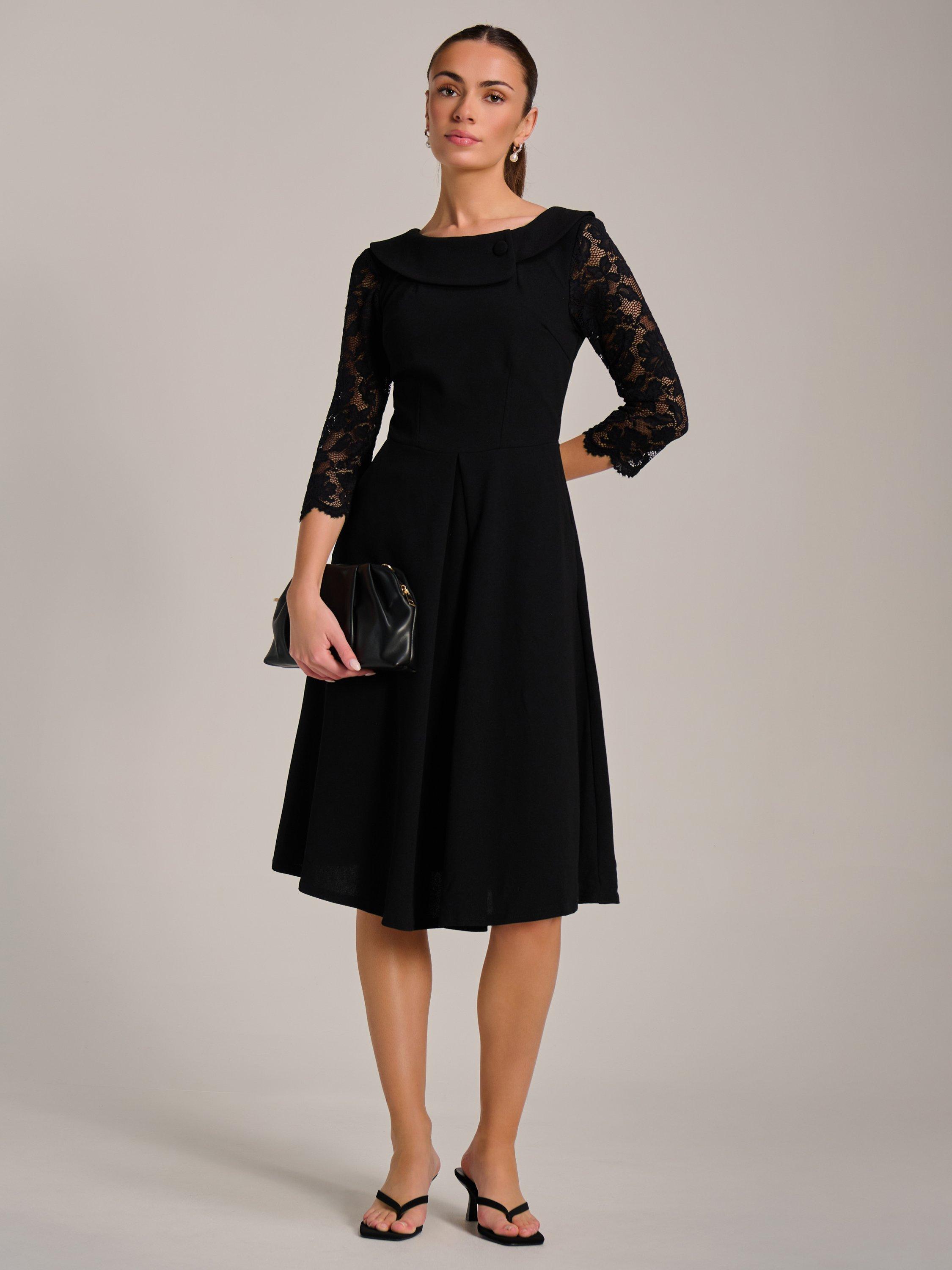 Jolie Moi Roll Neck Lace Flare Dress, Black