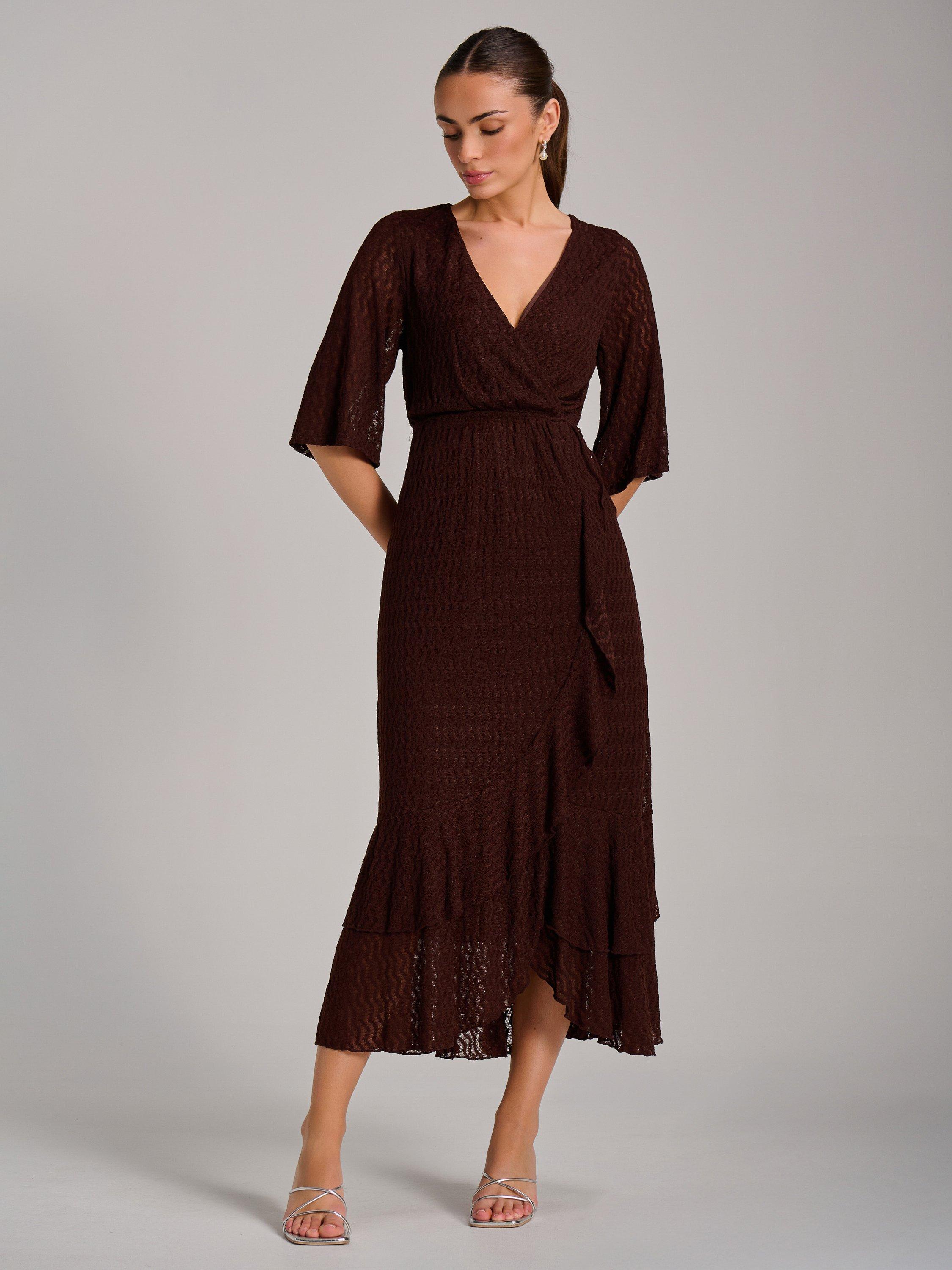 Product image 1 of 7, which shows Jolie Moi Ruffle Hem Knitted Maxi Dress, Brown, 8