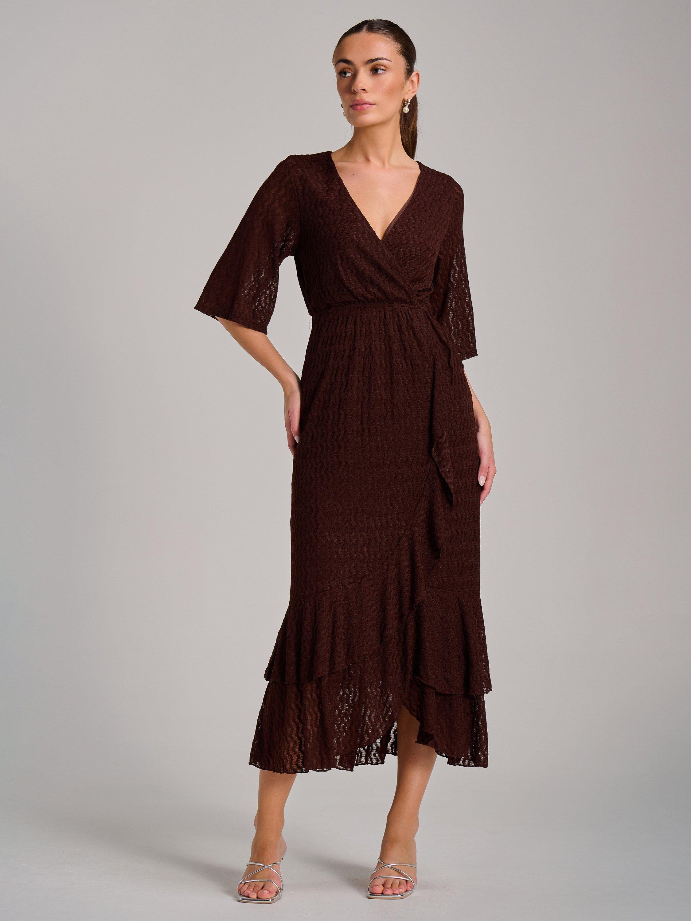 Product image 3 of 7, which shows Jolie Moi Ruffle Hem Knitted Maxi Dress, Brown, 8