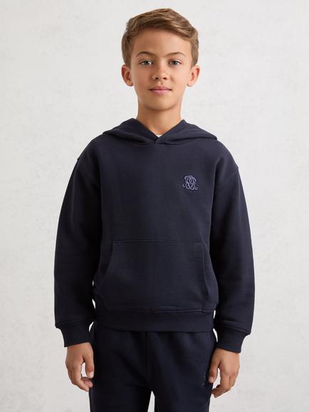 Reiss Kids' Conlin Monogram Embroidered Relaxed Hoodie, Navy Blue, Navy Blue