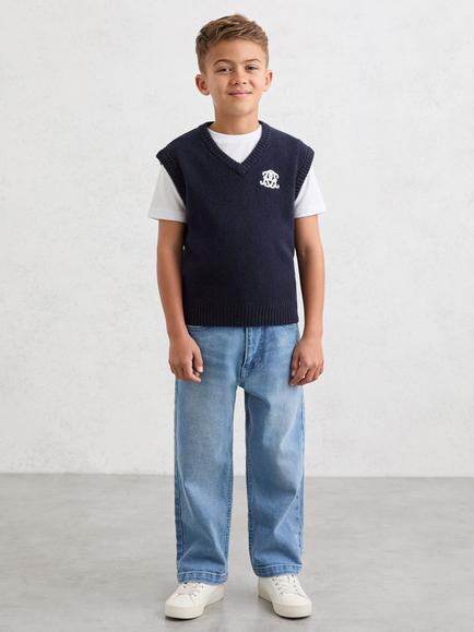 Reiss Kids' Crosby Monogram Wool Blend Relaxed Vest, Navy Blue, Navy Blue