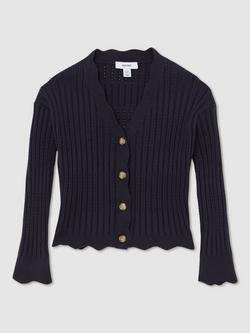 Reiss Kids' Seren Rib Knit Pointelle Cardigan - view 2, Navy