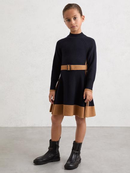 Reiss Kids' Margaret Wool Blend Belted Knit Dress, Navy, Navy