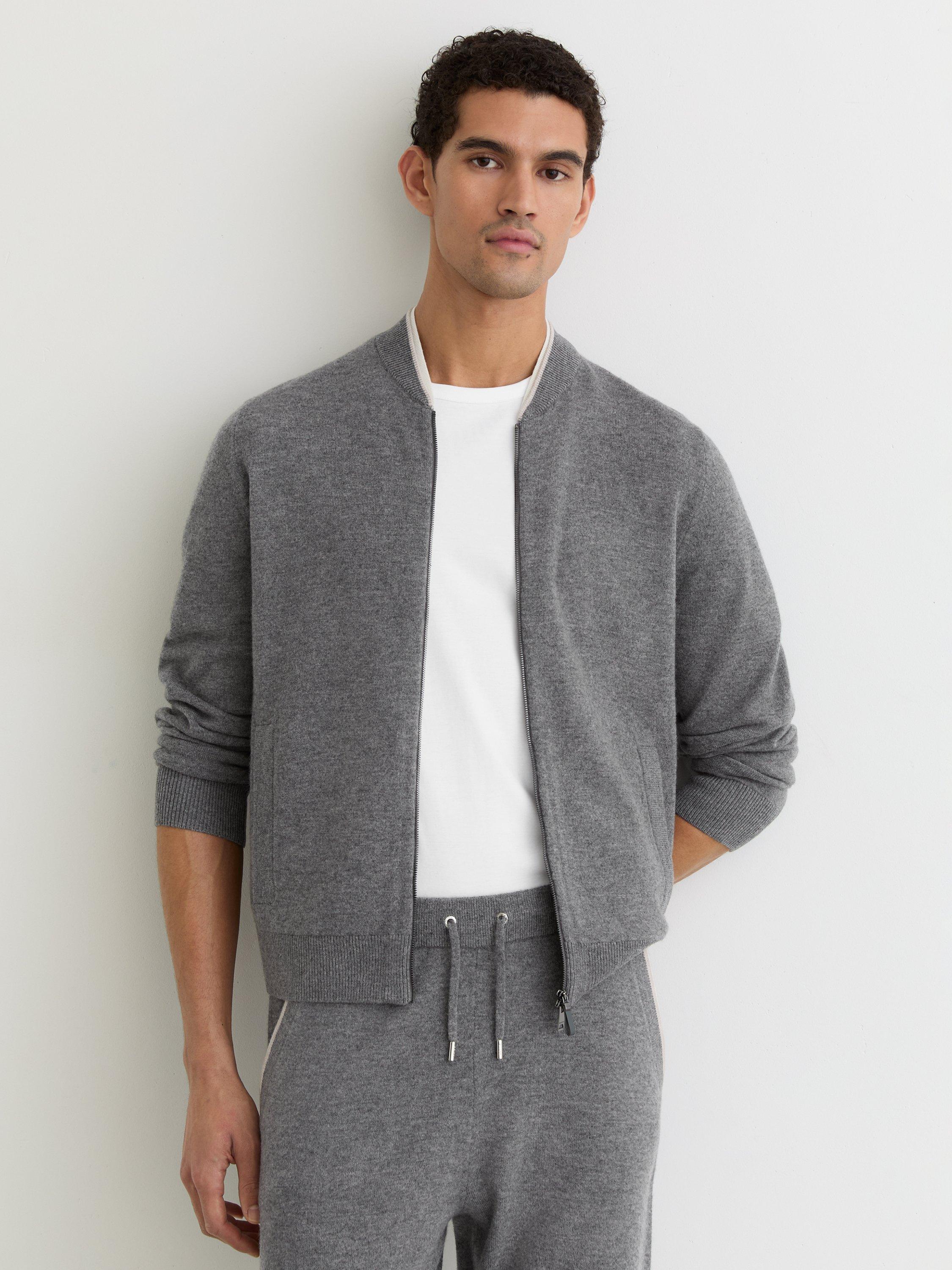 Product image 1 of 5, which shows Reiss Hillside Merino Wool Tipped Drawstring Joggers, Mid Grey, XS
