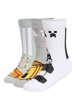 adidas Kids' Minecraft Socks, Pack of 3, Multi, Wonder Sage/Medium Grey Heather/White