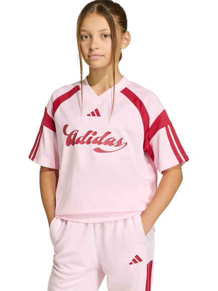 adidas Kids' House of Tiro Short Sleeved T-Shirt, Clear Pink/Active Maroon, Clear Pink/Active Maroon