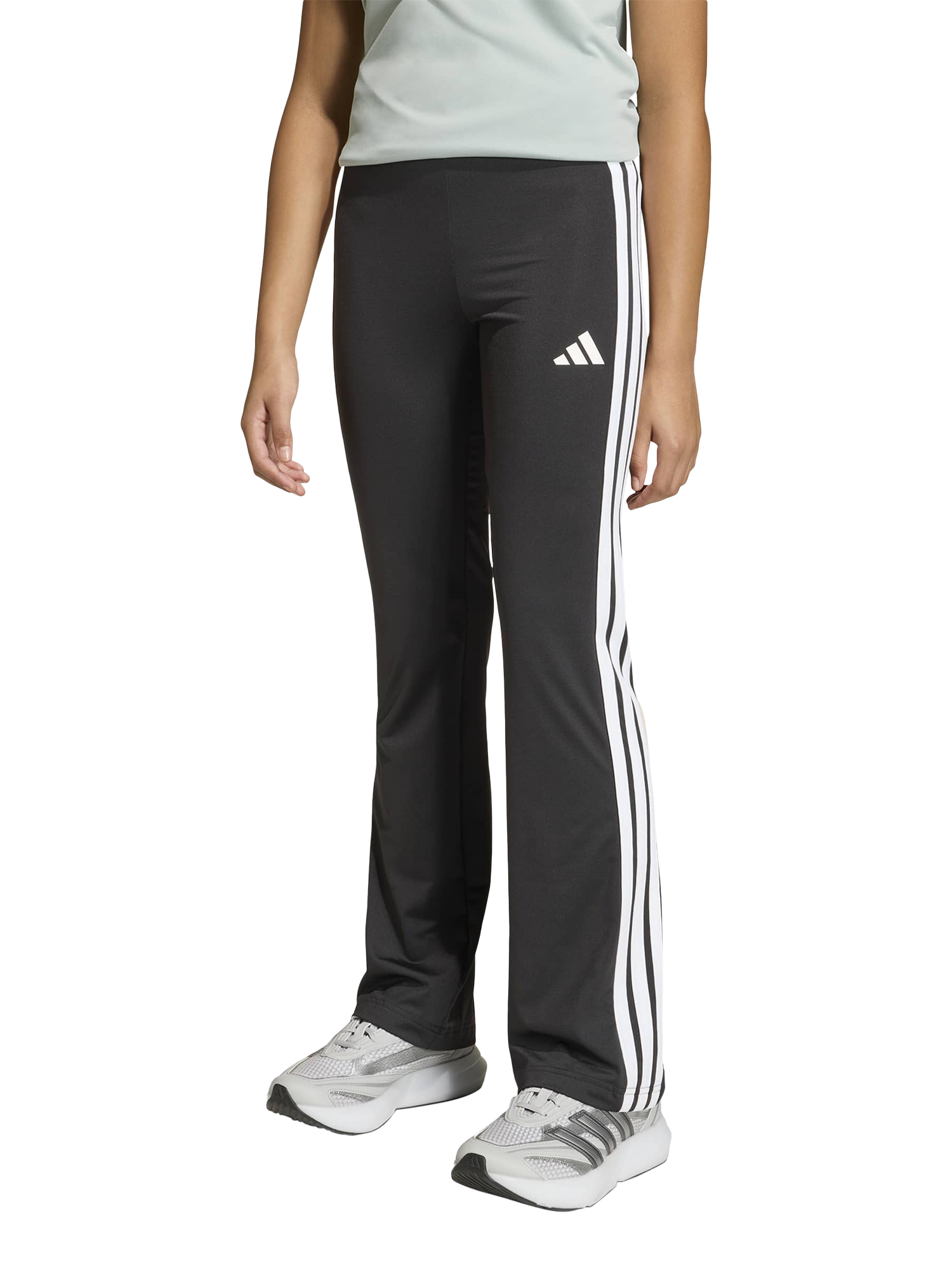 Product image 1 of 5, which shows adidas Kids' Train Essentials 3-Stripes Flared Leggings, Black/White, 5-6 years