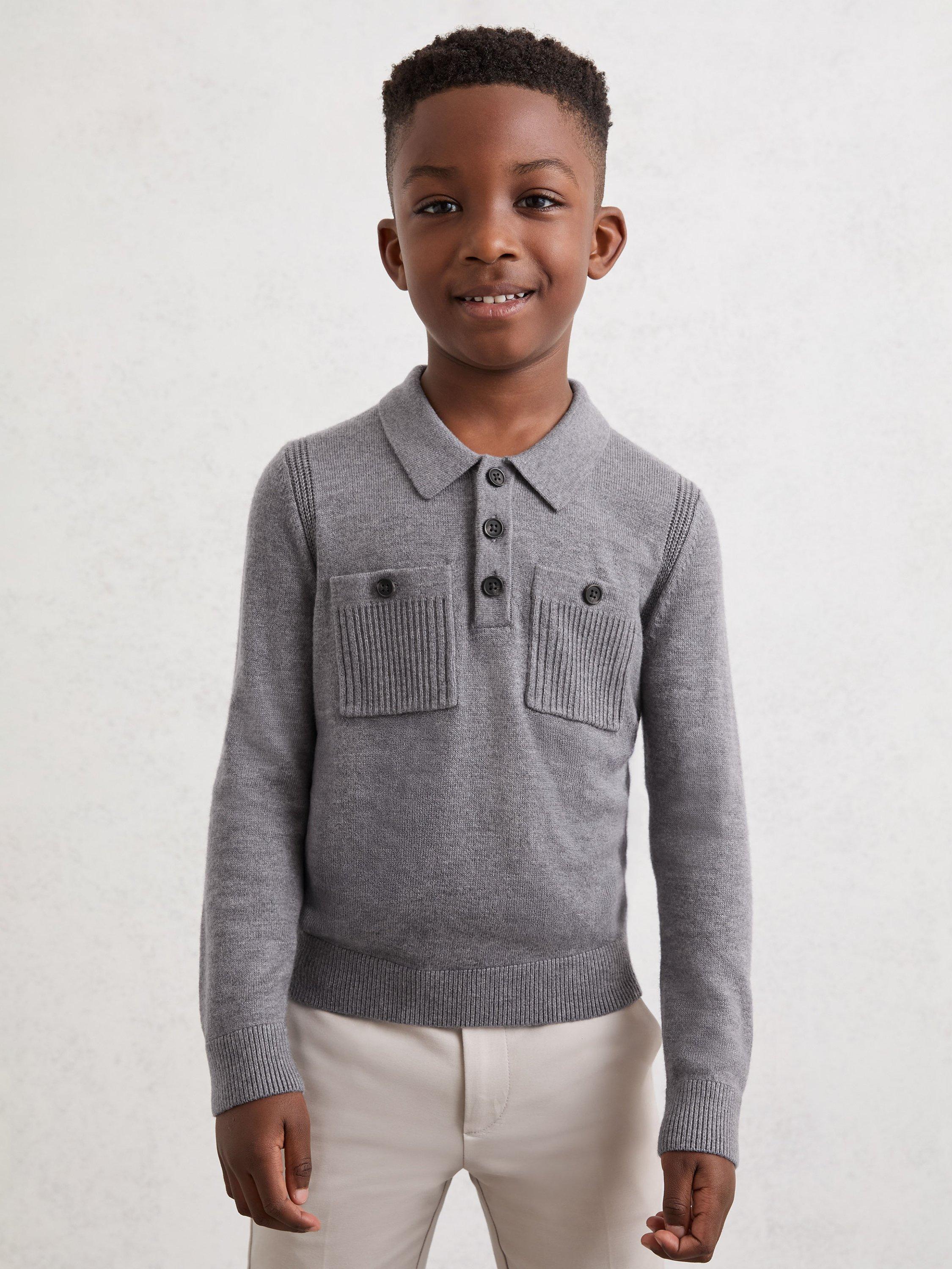 Product image 1 of 4, which shows Reiss Kids' Rectory Button Collar Jumper, Grey Melange, 3-4 years