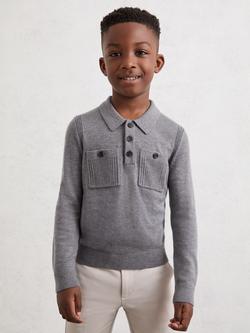 Reiss Kids' Rectory Button Collar Jumper, Grey Melange, Grey Melange