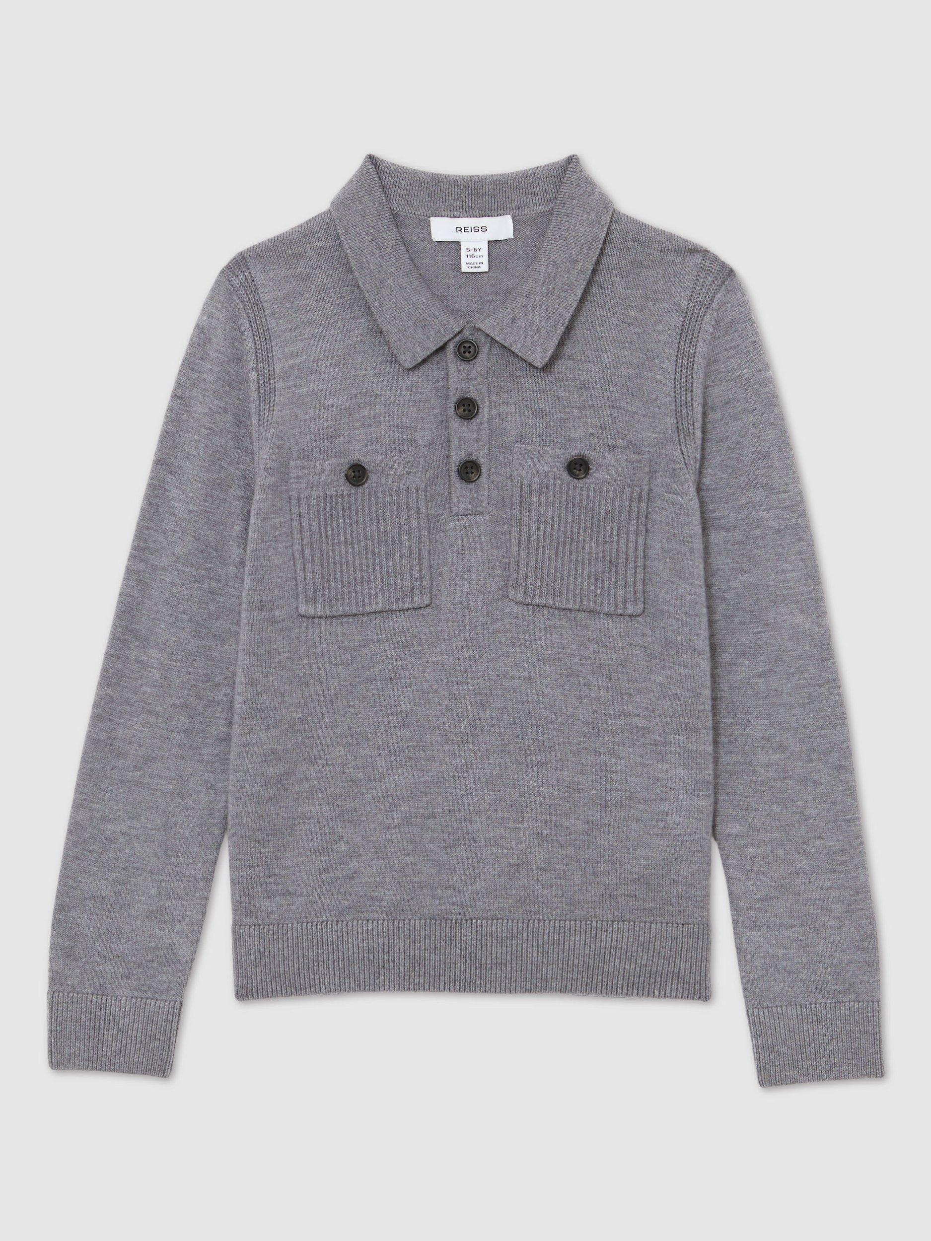 Product image 2 of 4, which shows Reiss Kids' Rectory Button Collar Jumper, Grey Melange, 3-4 years