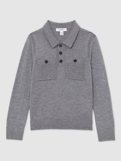 Reiss Kids' Rectory Button Collar Jumper, Grey Melange - view 2, Grey Melange