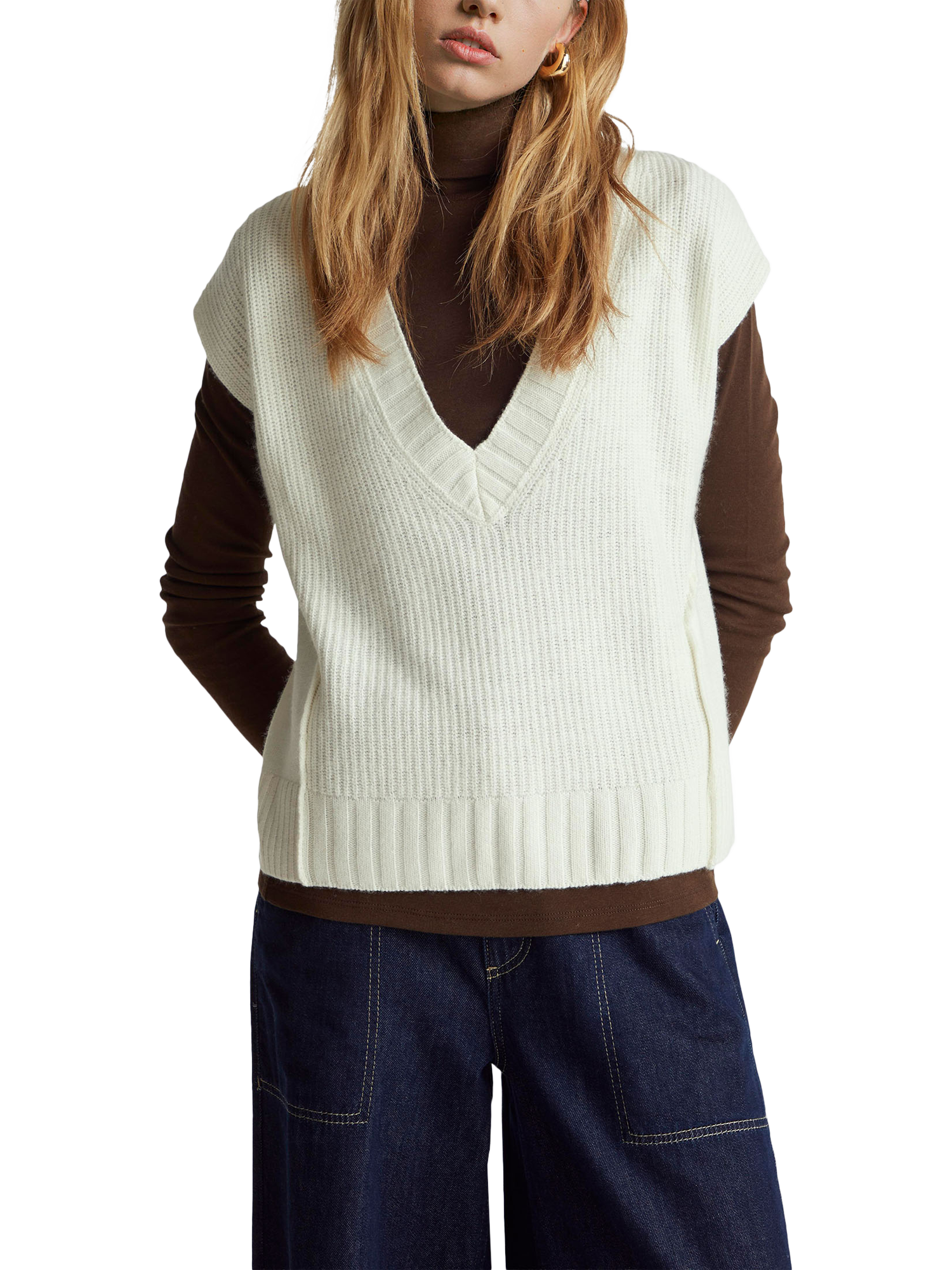 Product image 1 of 6, which shows Benetton Wool Blend Knitted  V-Neck Vest, Cream, XS