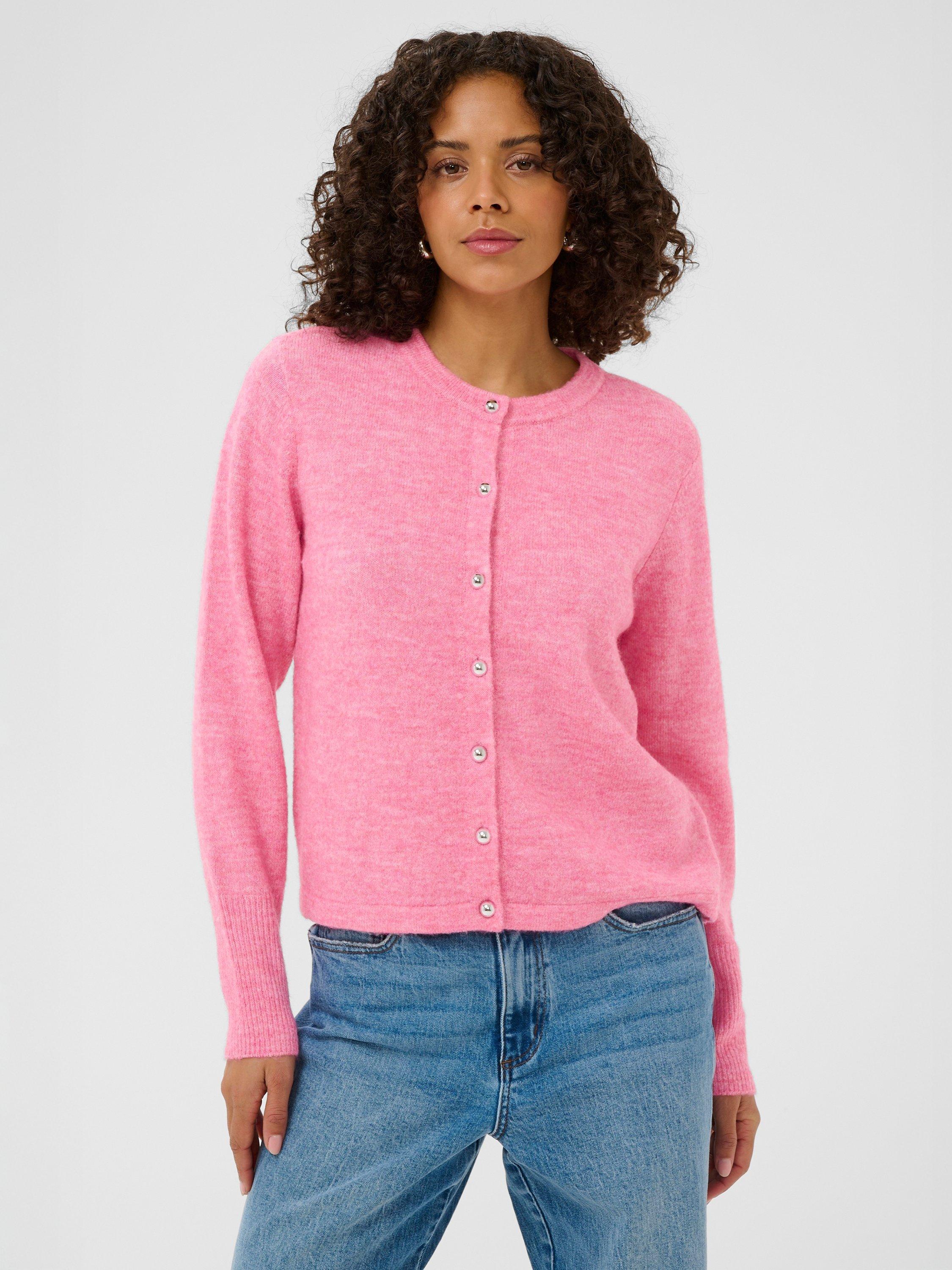 Product image 1 of 6, which shows KAFFE Niel Crew Neck Cardigan, Pink, XS