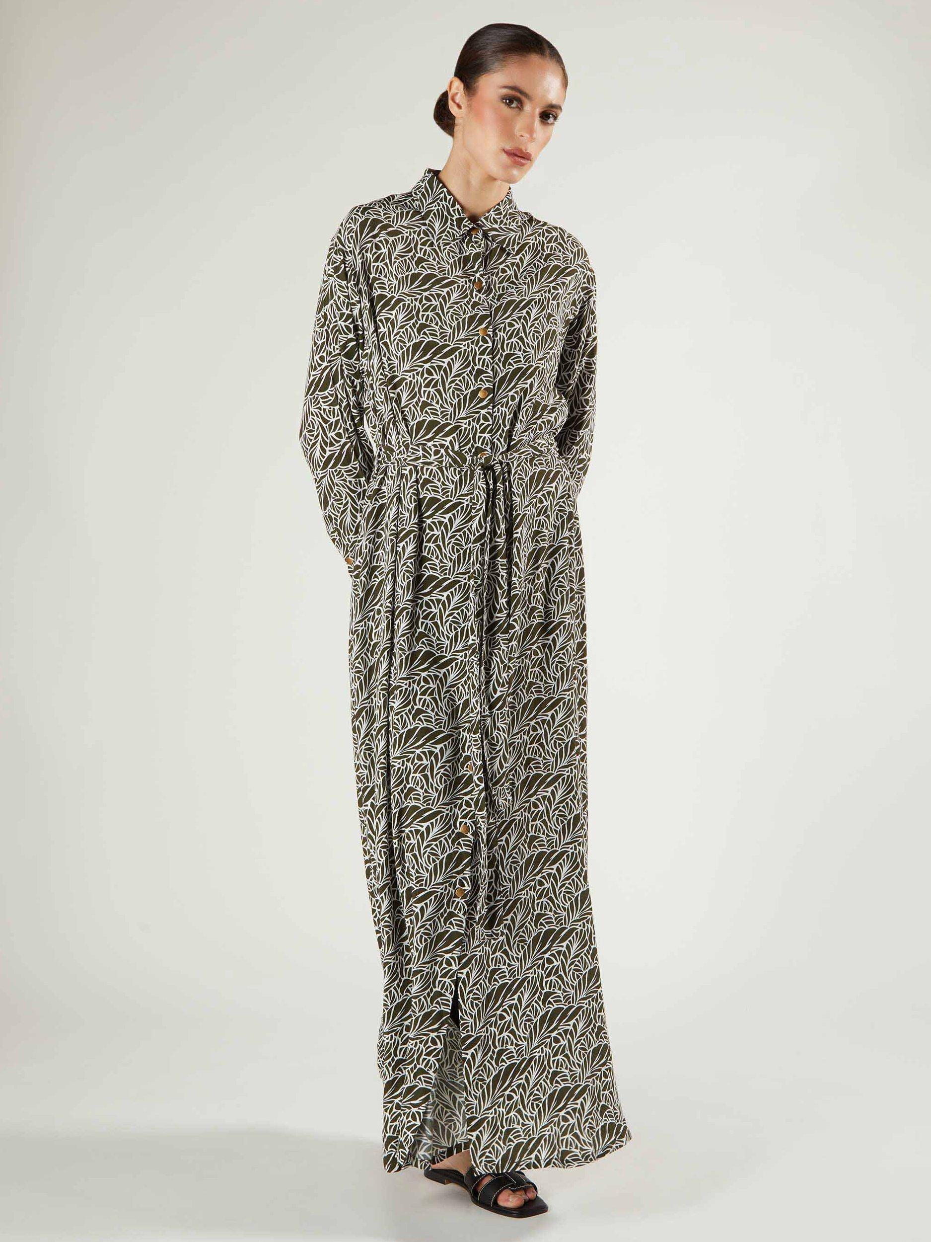 Product image 1 of 4, which shows Aab Matcha Leaf Print Shirt Maxi Dress, Green/Multi, S Reg