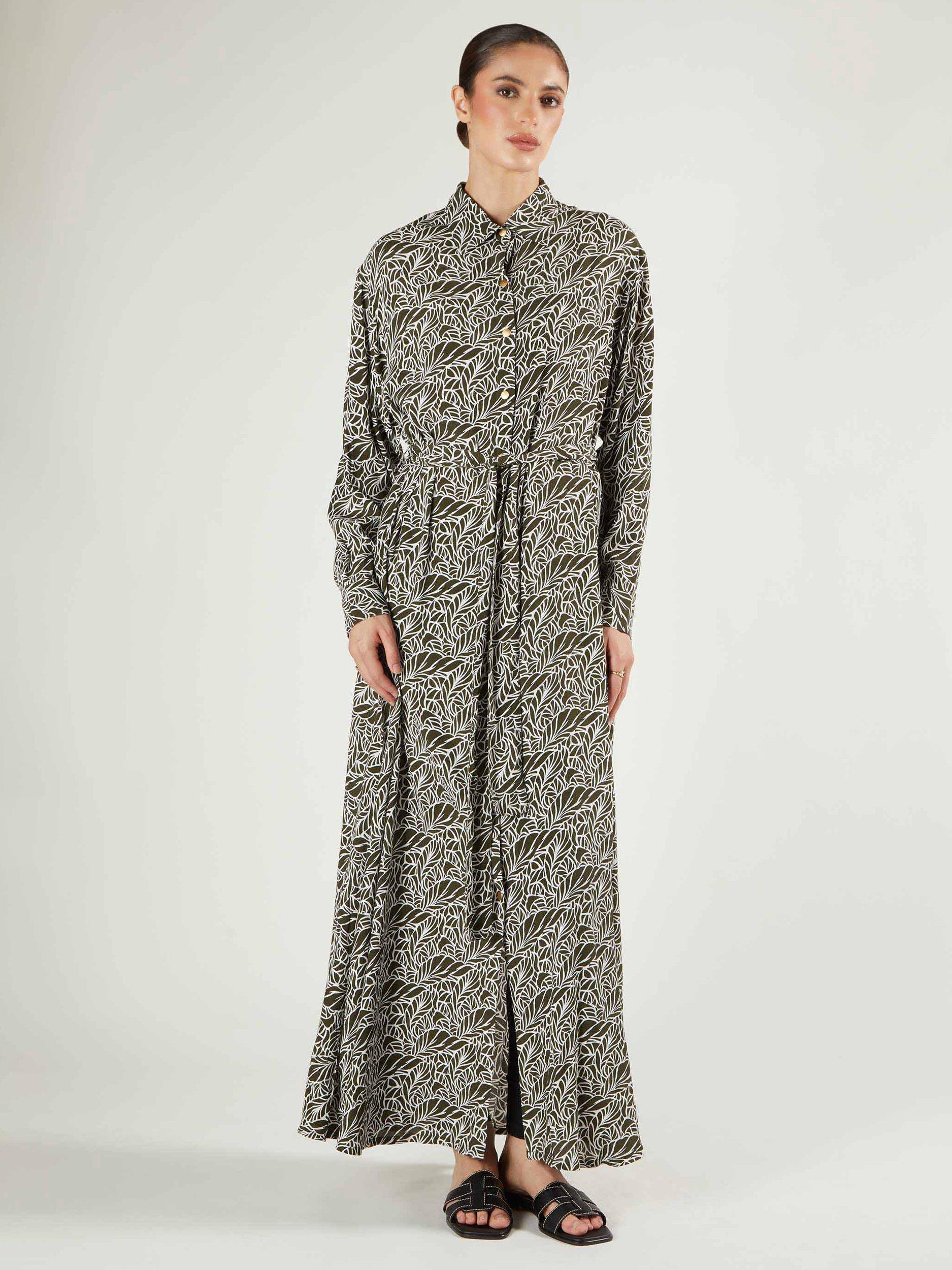 Product image 2 of 4, which shows Aab Matcha Leaf Print Shirt Maxi Dress, Green/Multi, S Reg