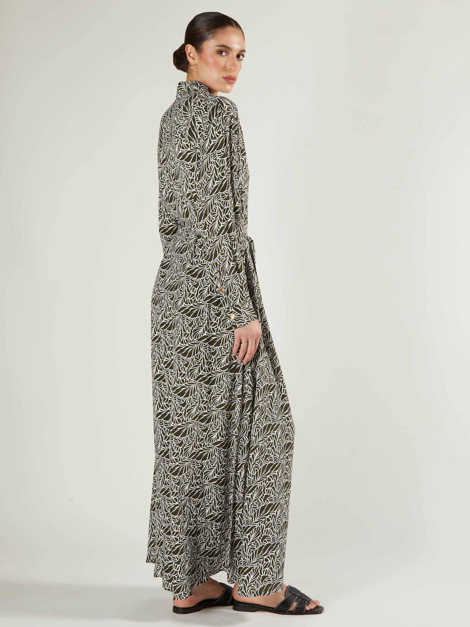 Product image 3 of 4, which shows Aab Matcha Leaf Print Shirt Maxi Dress, Green/Multi, S Reg