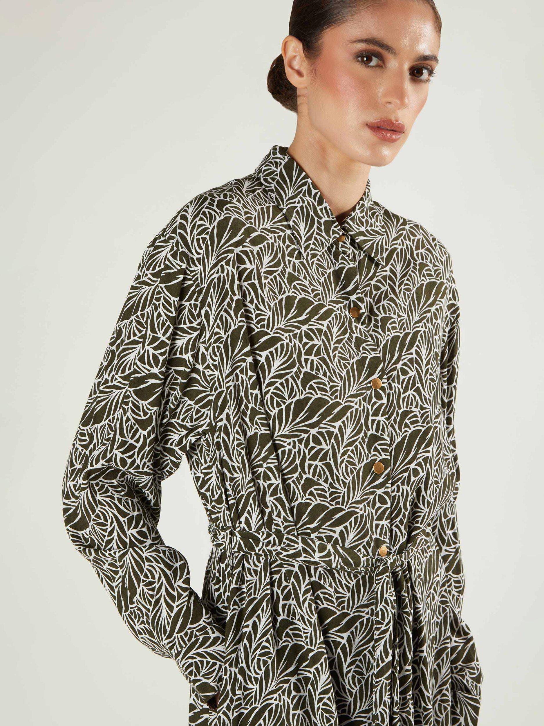 Product image 4 of 4, which shows Aab Matcha Leaf Print Shirt Maxi Dress, Green/Multi, S Reg