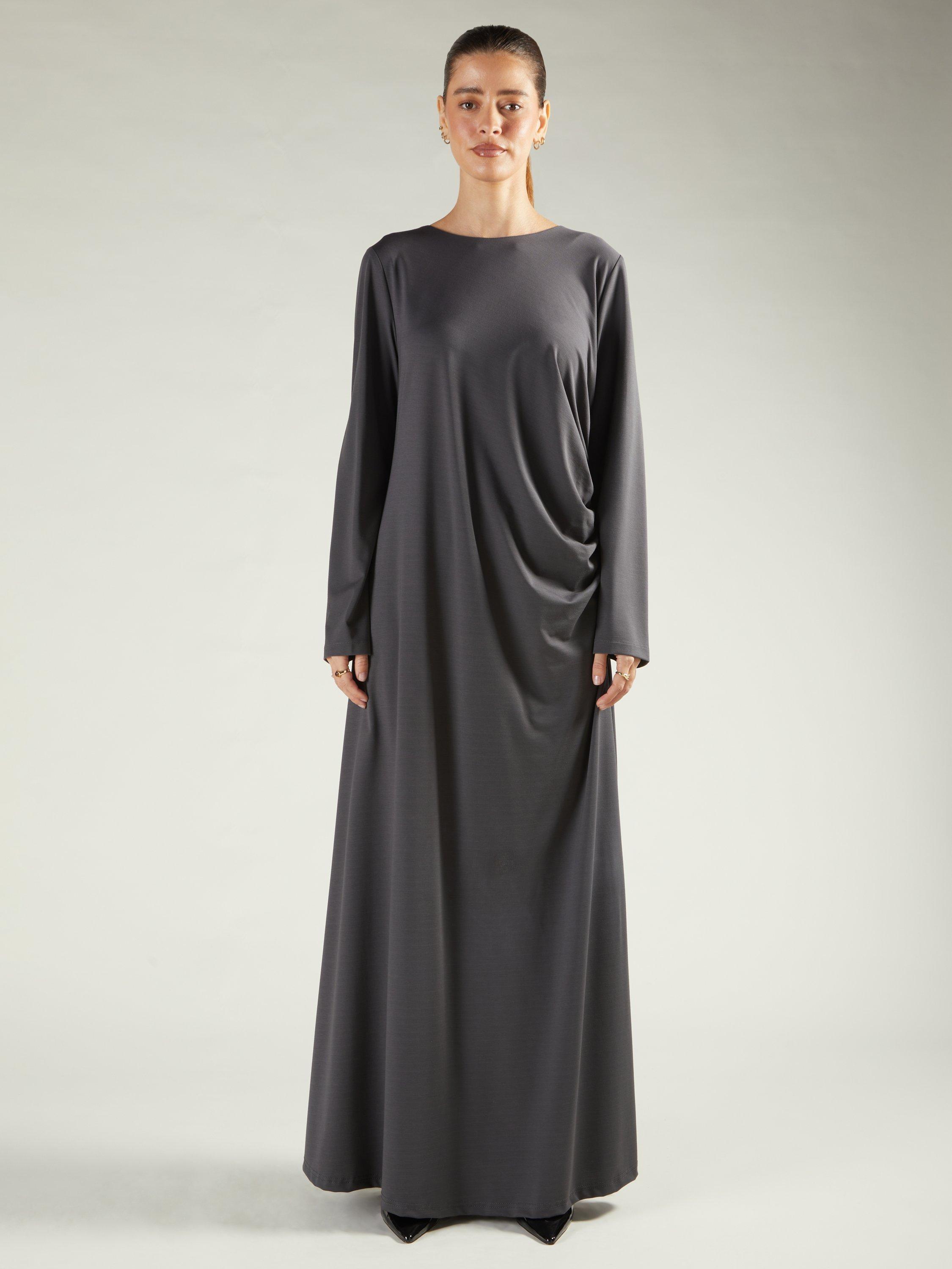 Product image 1 of 5, which shows Aab Side Pleat Maxi Dress, Charcoal, S Reg