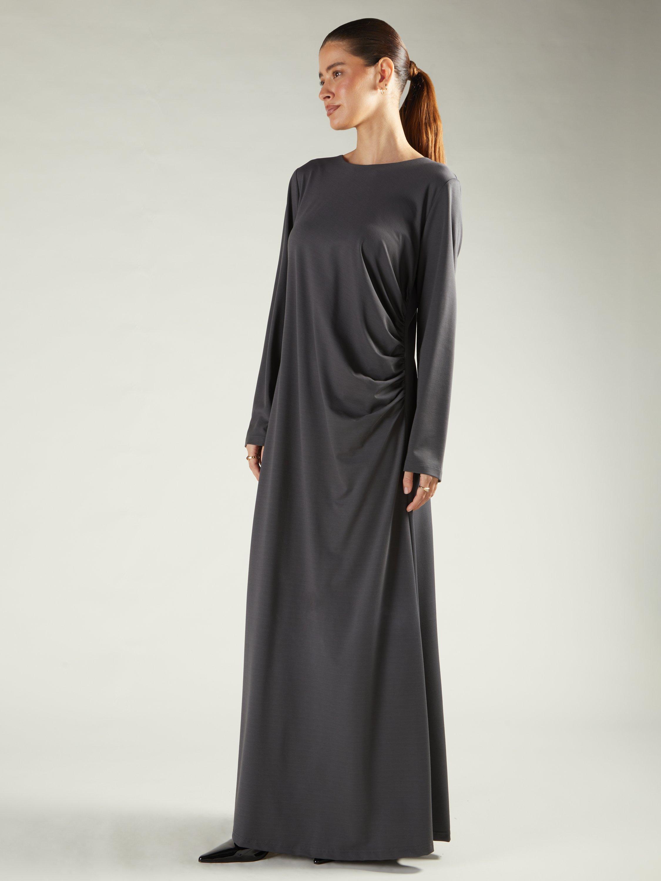 Product image 2 of 5, which shows Aab Side Pleat Maxi Dress, Charcoal, S Reg