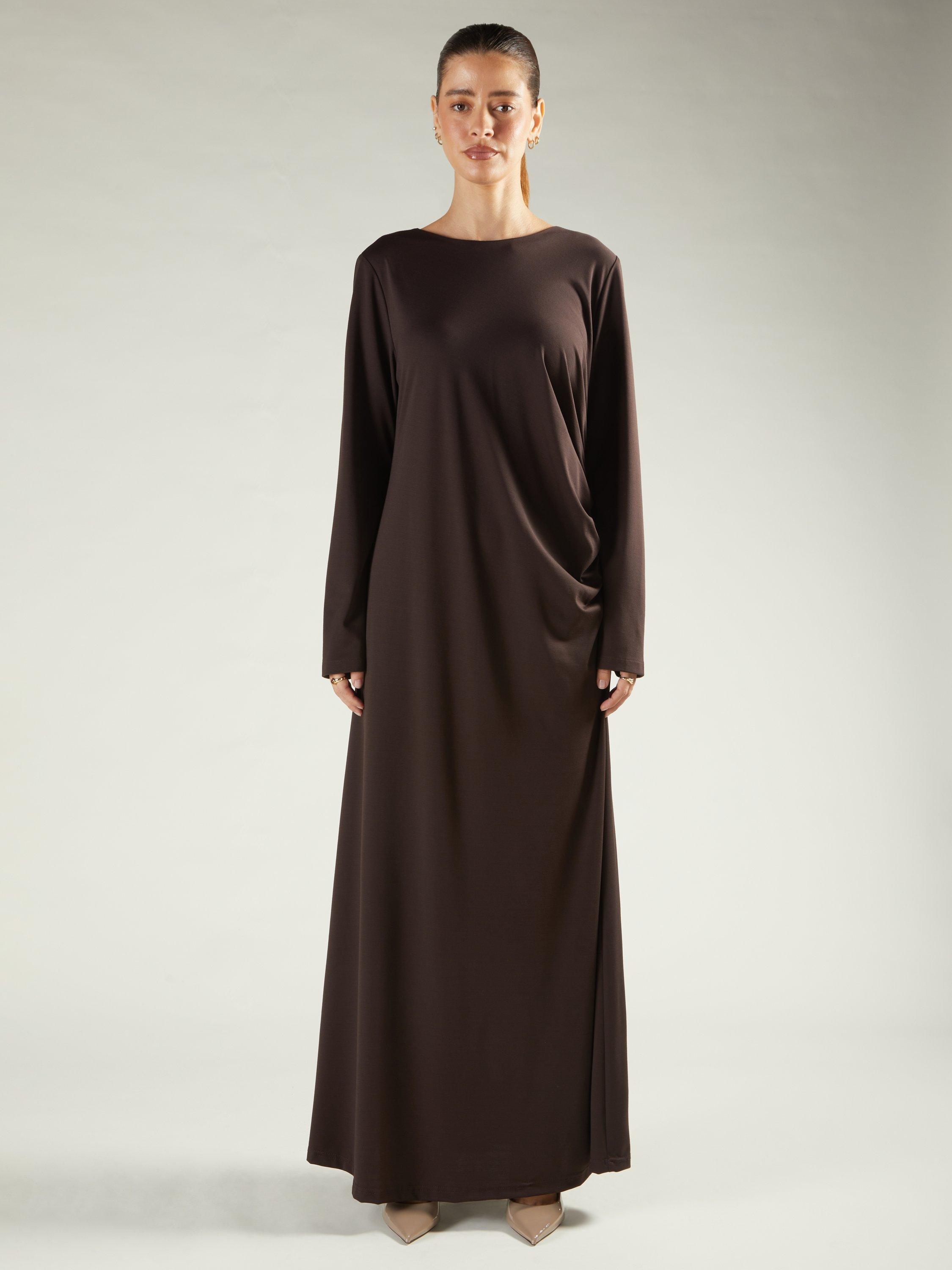 Product image 1 of 6, which shows Aab Side Pleat Maxi Dress, Dark Brown, S Reg