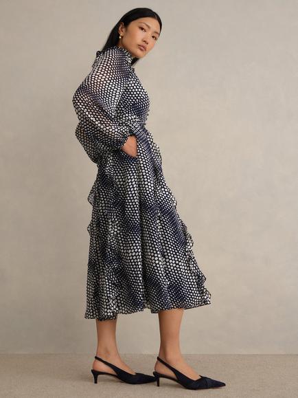 Hobbs Petite Miriam Polka Dot Dress, Midnight/Cream - view 2, Midnight/Cream