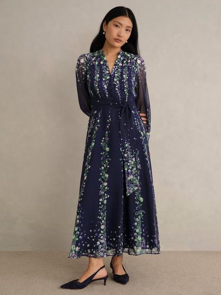 Hobbs Petite Ros Floral Pure Silk Midi Dress, Midnight/Multi, Midnight/Multi