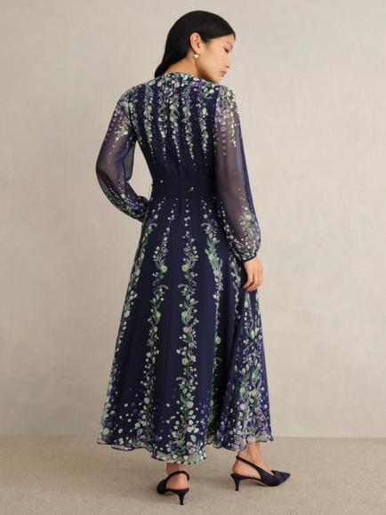 Hobbs Petite Ros Floral Pure Silk Midi Dress, Midnight/Multi - view 2, Midnight/Multi