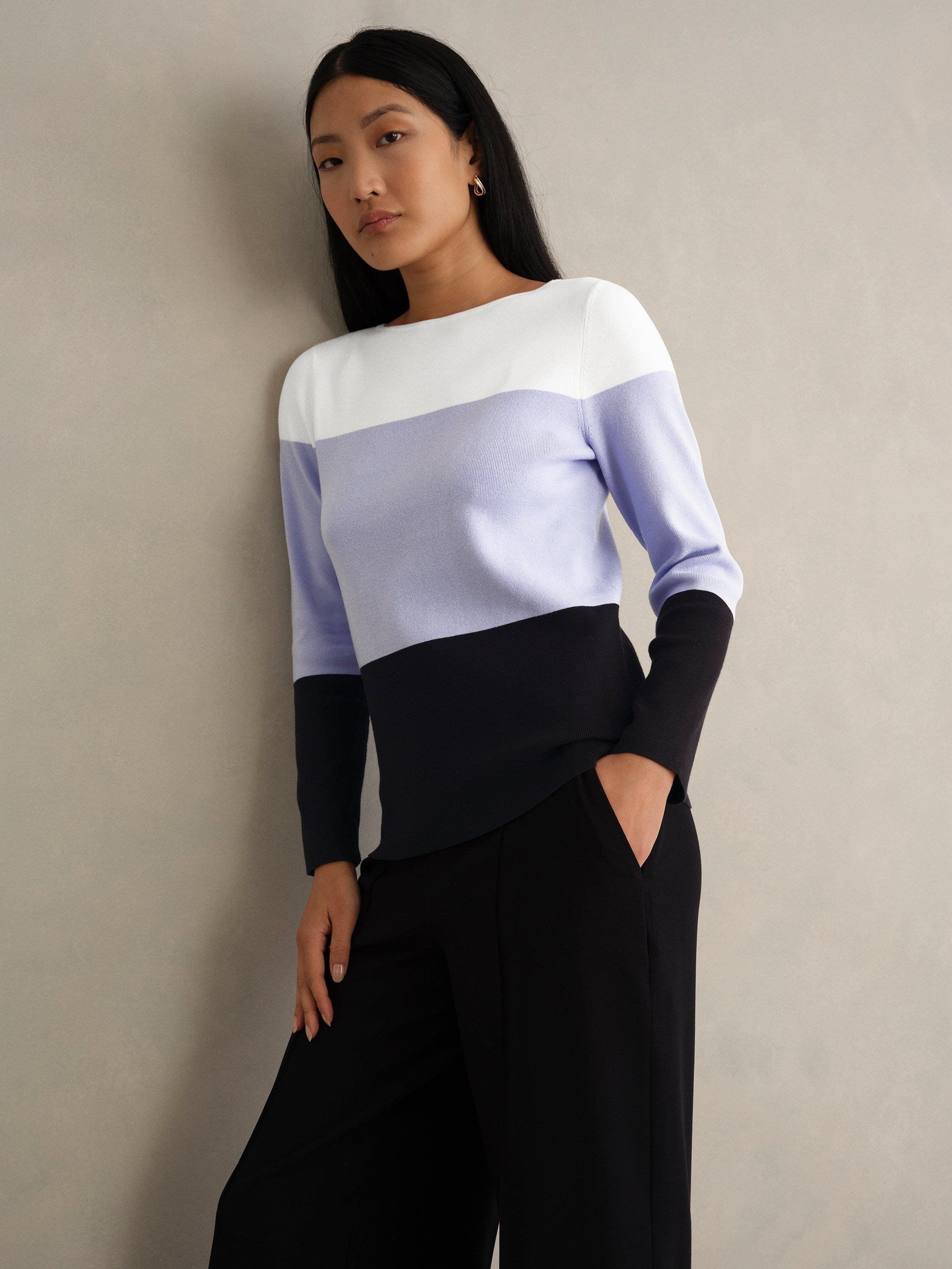 Product image 1 of 5, which shows Hobbs Alice Colour Block Stripe Jumper, Lavender/Multi, L