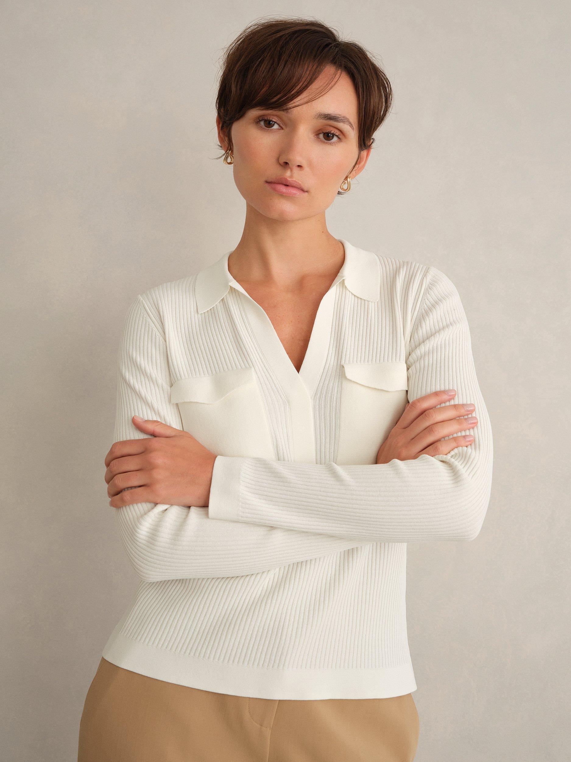 Product image 1 of 6, which shows Hobbs Meredith Patch Pocket Ribbed Jumper, Ivory, L