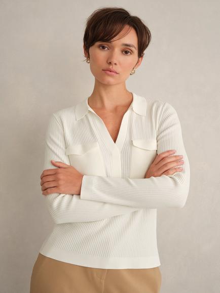 Hobbs Meredith Patch Pocket Ribbed Jumper, Ivory, Ivory