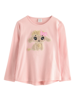 Lindex Kids' Cotton Puppy Applique Long Sleeve Top, Light Dusty Pink, Light Dusty Pink