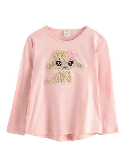 Lindex Kids' Cotton Puppy Applique Long Sleeve Top, Light Dusty Pink, Light Dusty Pink