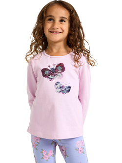 Lindex Kids' Cotton Long Sleeve Butterfly Embellished Top, Dusty Pink