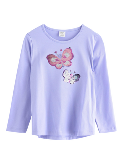Lindex Kids' Cotton Long Sleeve Butterfly Embellished Top, Light Blue
