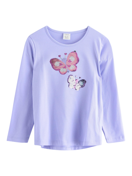Lindex Kids' Cotton Long Sleeve Butterfly Embellished Top, Light Blue