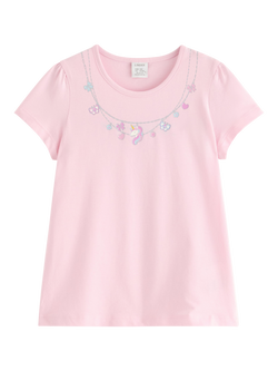 Lindex Kids' Cotton Necklace Print Short Sleeve Top, Light Pink, Light Pink