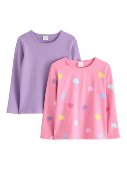 Lindex Kids Stretch Cotton Heart & Plain Long Sleeve Top, Pack of 2, Pink, Pink