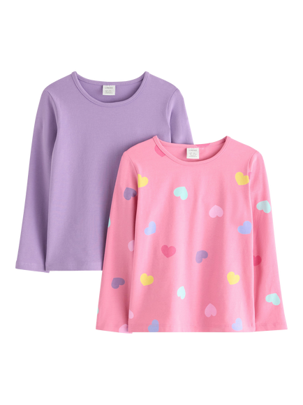Lindex Kids Stretch Cotton Heart & Plain Long Sleeve Top, Pack of 2, Pink, Pink